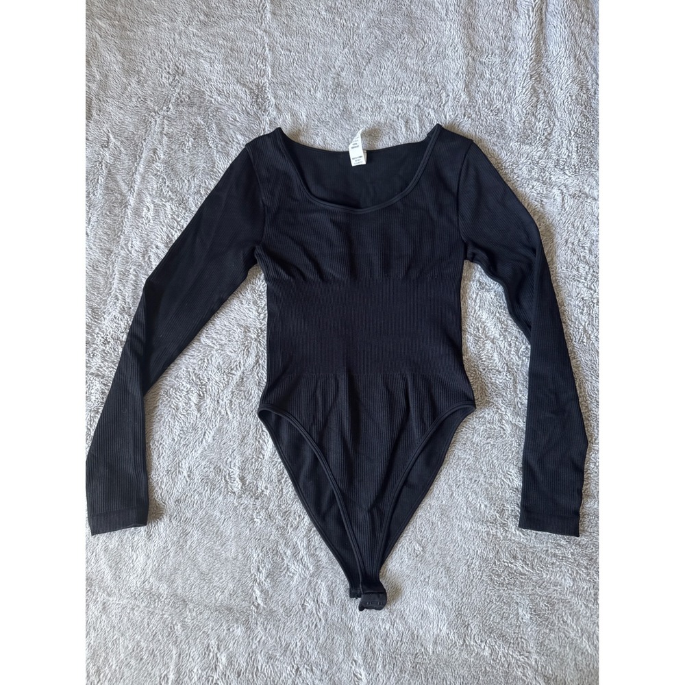 Seamless Ribbed Long Sleeve Bodysuit Black Square Neck Hook Eye Closure Size M